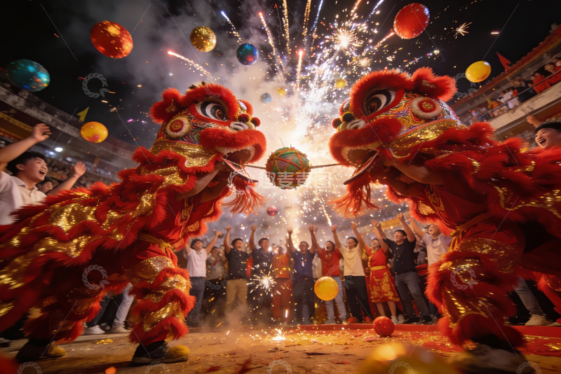 高清大图下载【趣麦麦图】舞狮表演烟花绽放热闹非凡
