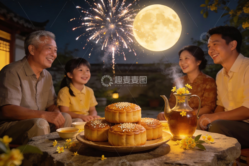 高清大图下载【趣麦麦图】中秋夜家人赏月品月饼