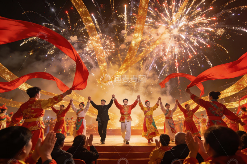高清大图下载【趣麦麦图】烟花下舞台表演人群欢庆