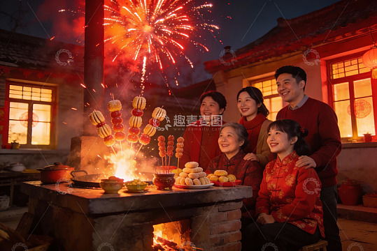 烟花下家庭团聚欢庆夜