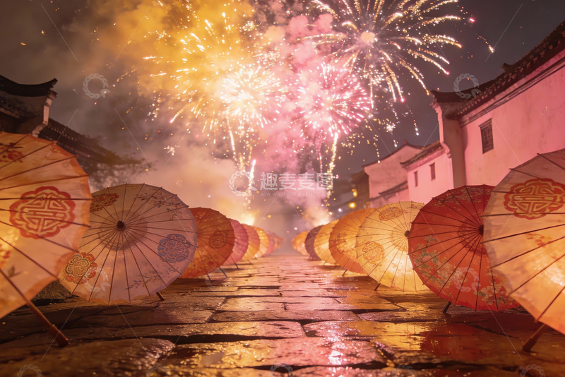 高清大图下载【趣麦麦图】古街夜放烟花伞