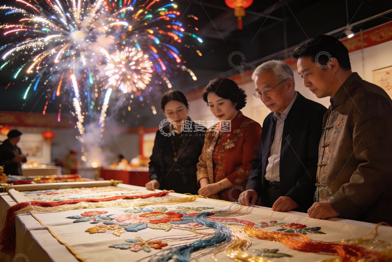 高清大图下载【趣麦麦图】烟花下观赏精美刺绣作品