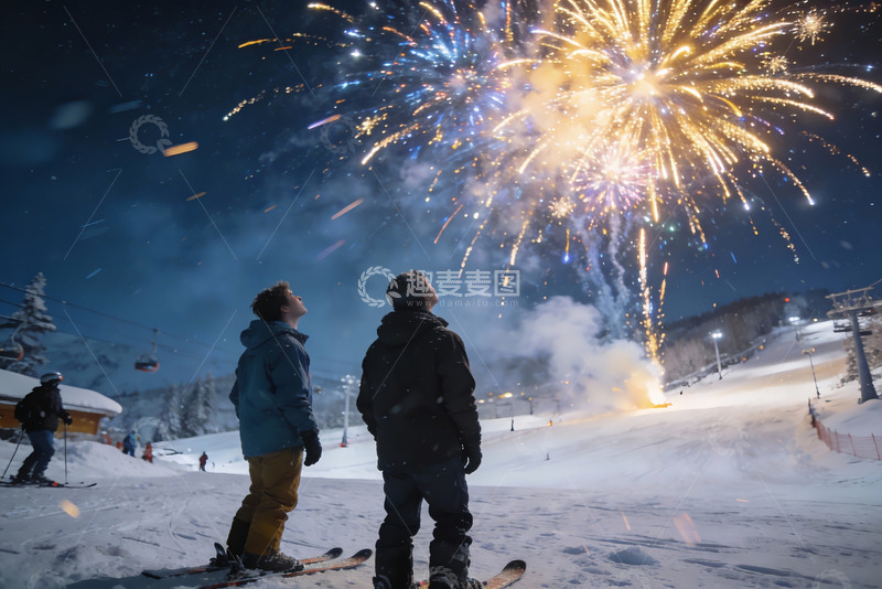 高清大图下载【趣麦麦图】雪地烟花夜景滑雪者