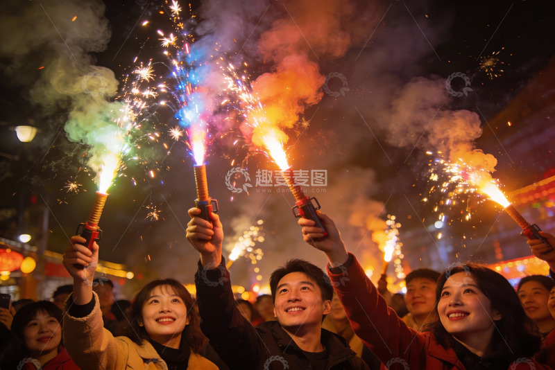 高清大图下载【趣麦麦图】夜空中绽放的烟花与欢笑人群