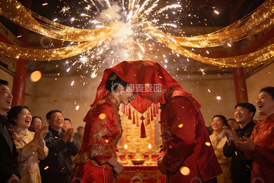 中式婚礼现场烟花绽放新人相视而笑