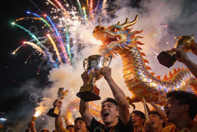 高清大图下载【趣麦麦图】龙舞烟花庆典众人举杯欢庆