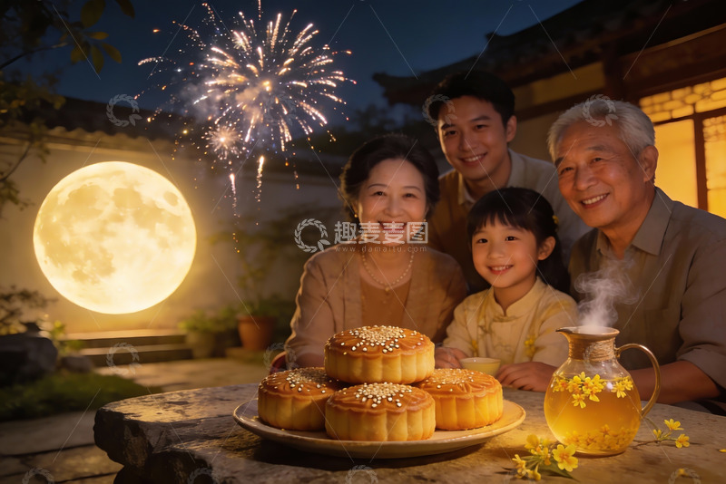 高清大图下载【趣麦麦图】中秋夜家人赏月品月饼