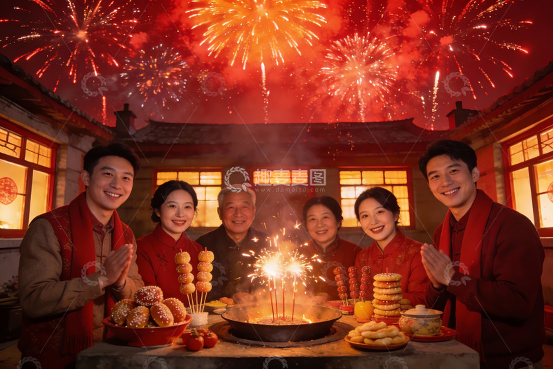 高清大图下载【趣麦麦图】-烟花下家庭团聚欢庆新年