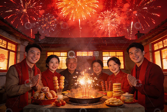 烟花下家庭团聚欢庆新年