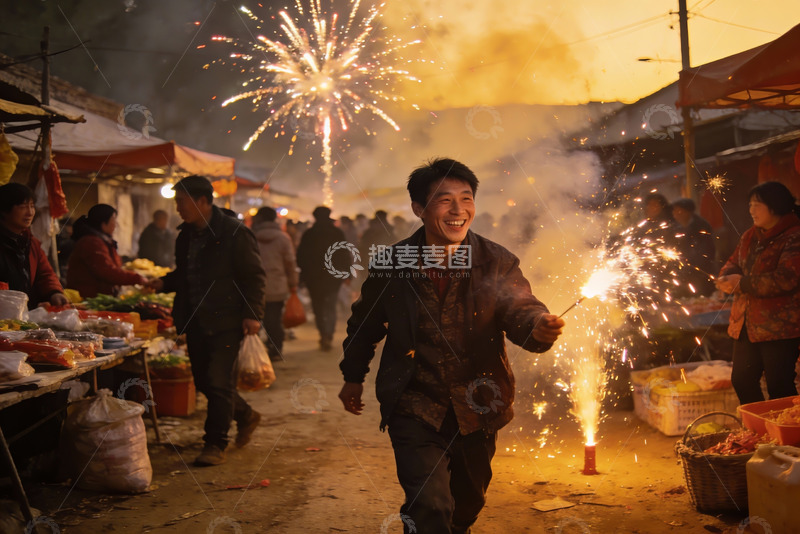 高清大图下载【趣麦麦图】夜市烟火中欢笑的男子