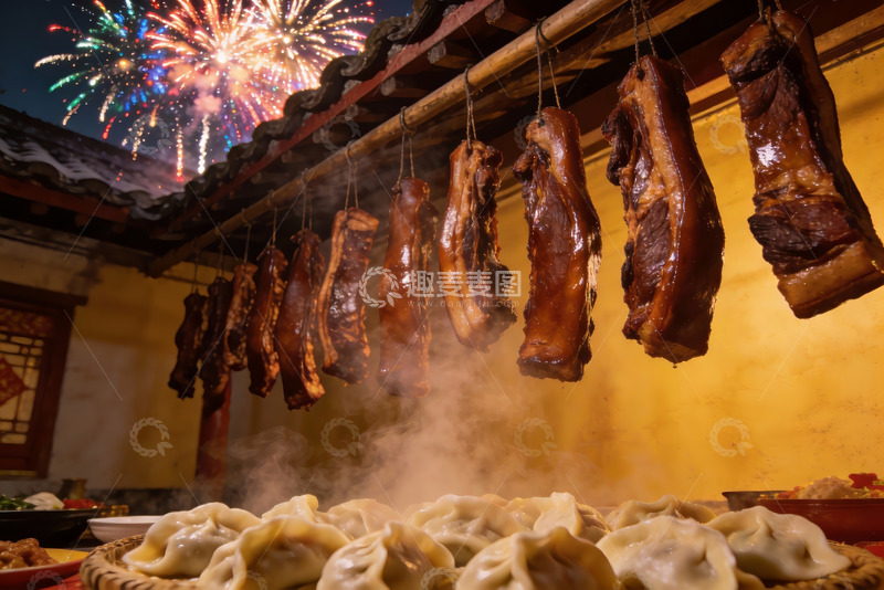 高清大图下载【趣麦麦图】烟花下悬挂腊肉与热气饺子