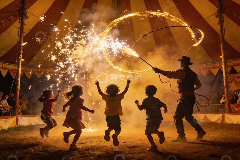 高清大图下载【趣麦麦图】烟花表演中孩子们欢跑的瞬间