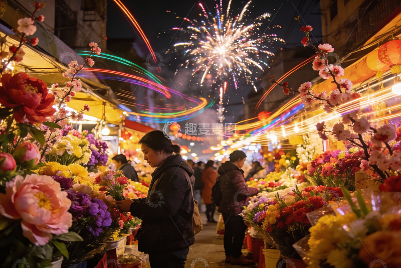高清大图下载【趣麦麦图】夜市花摊烟花绽放热闹非凡