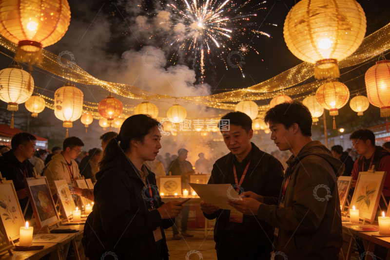 高清大图下载【趣麦麦图】夜市烟火下灯笼与人群