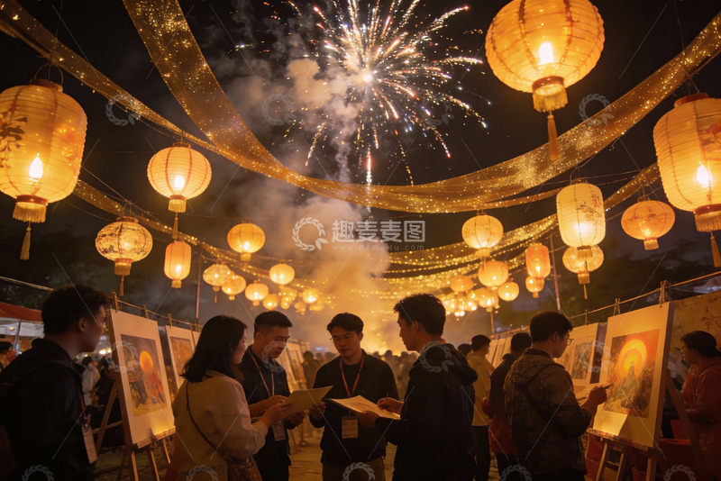高清大图下载【趣麦麦图】夜市灯笼烟花游人观赏画作