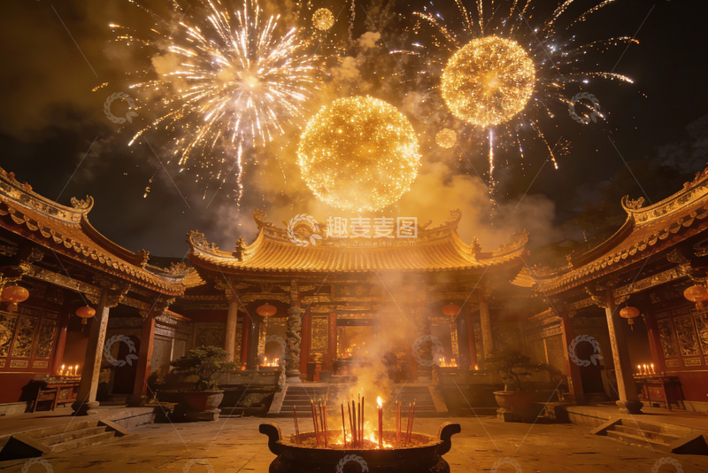 高清大图下载【趣麦麦图】夜空中绽放的烟花与古建筑