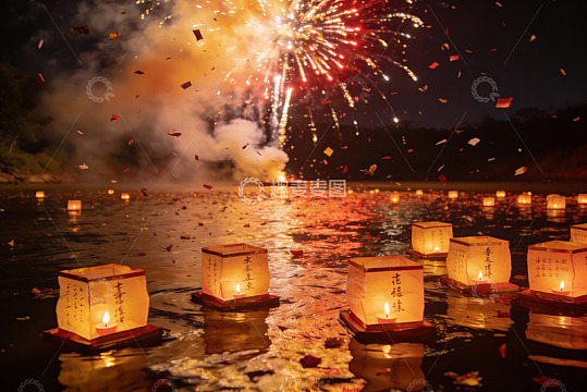 夜空烟花与河中灯笼