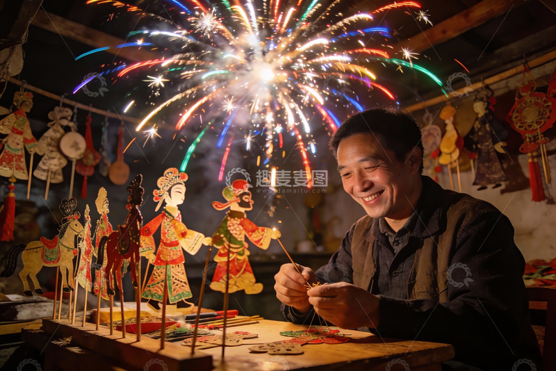 高清大图下载【趣麦麦图】烟花下皮影匠人专注制作
