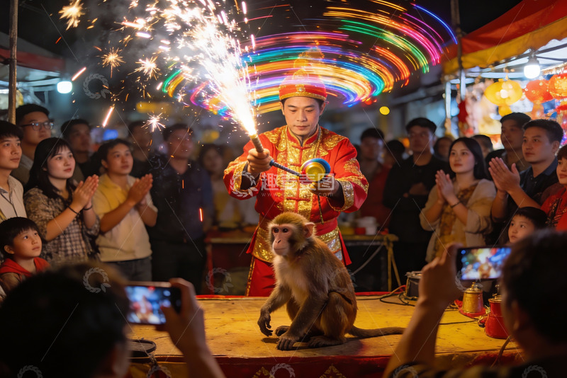 高清大图下载【趣麦麦图】烟花表演与猴子互动的热闹场景