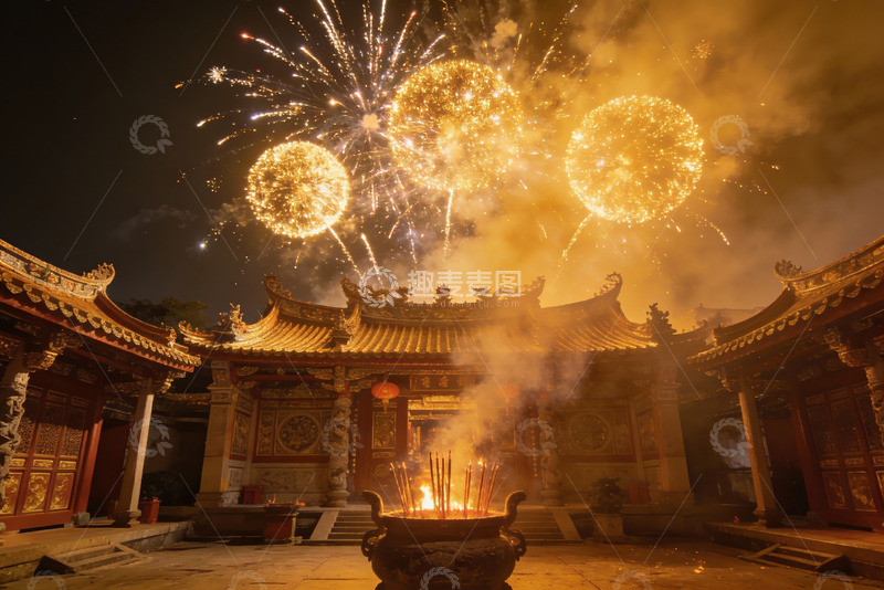 高清大图下载【趣麦麦图】夜空中绽放的烟花与古建筑