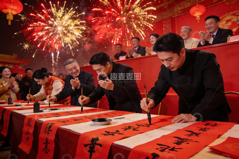 高清大图下载【趣麦麦图】春节晚会书法表演烟花绽放