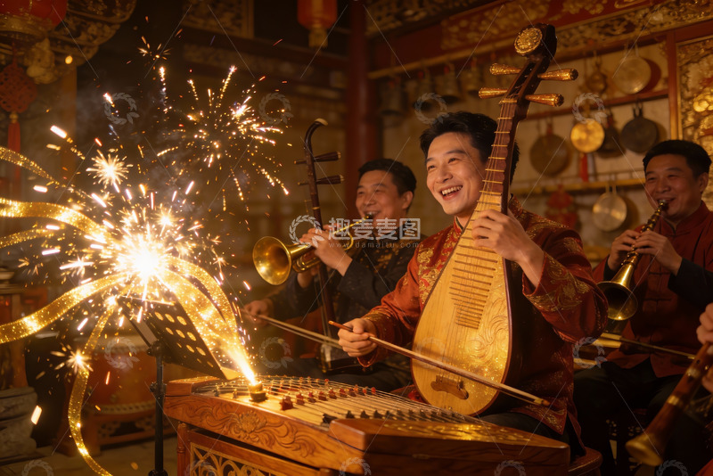高清大图下载【趣麦麦图】-传统乐器演奏烟花绽放