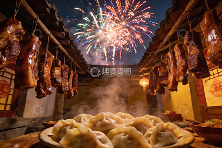 夜空烟花下悬挂的美食
