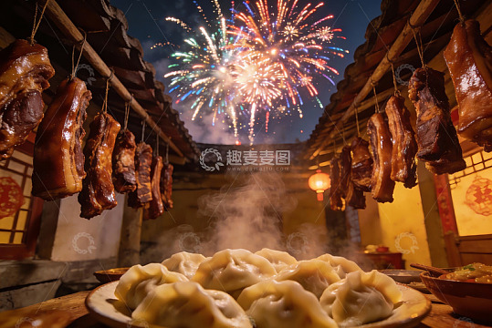 夜空烟花下悬挂的美食