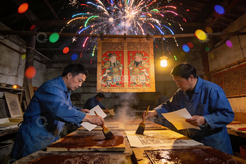高清大图下载【趣麦麦图】烟花下工匠制作传统木版年画