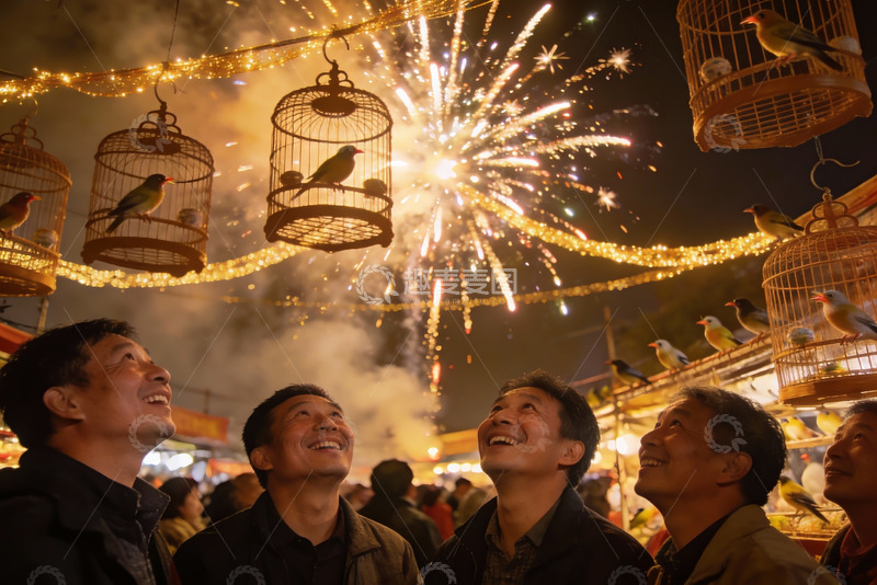 高清大图下载【趣麦麦图】夜市烟花下笼中鸟与欢笑人群