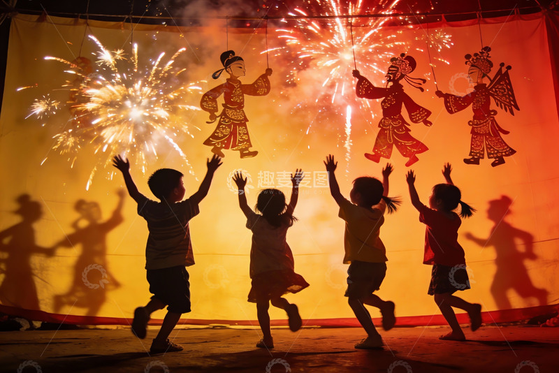 高清大图下载【趣麦麦图】儿童观看烟花皮影戏