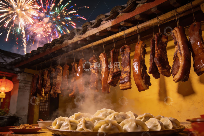 高清大图下载【趣麦麦图】夜空烟花下悬挂腊肉与饺子
