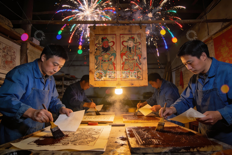 高清大图下载【趣麦麦图】工匠制作传统木版年画烟花映衬