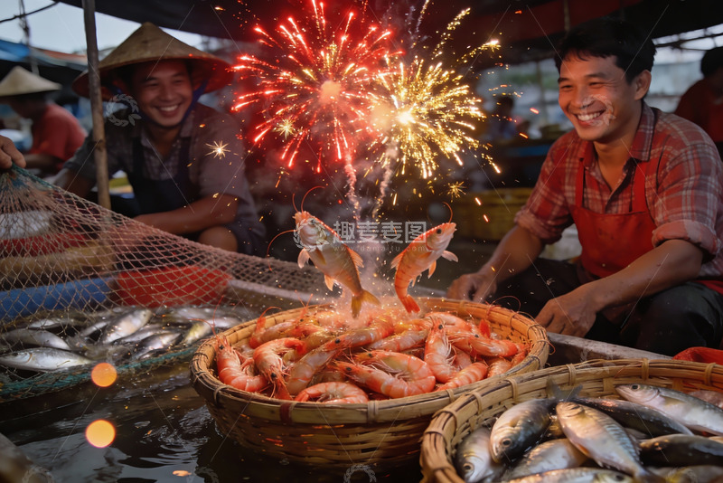 高清大图下载【趣麦麦图】鱼市烟火表演热闹非凡