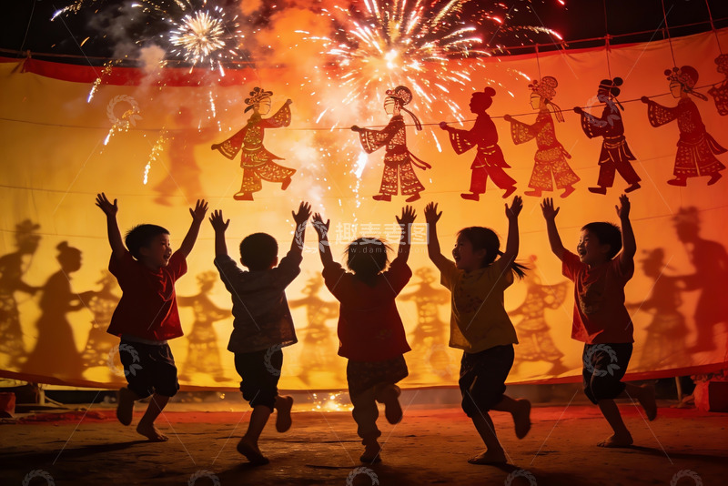 高清大图下载【趣麦麦图】儿童欢庆烟花与皮影戏