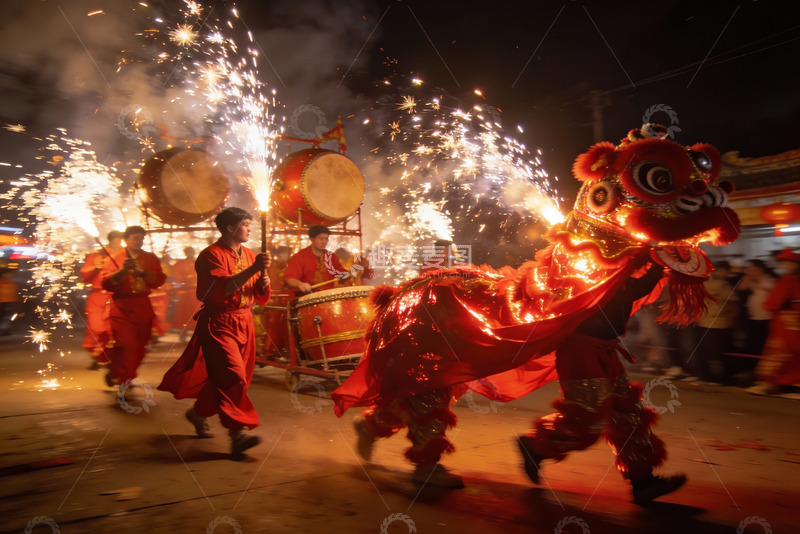 高清大图下载【趣麦麦图】夜巡舞狮烟花表演热闹非凡