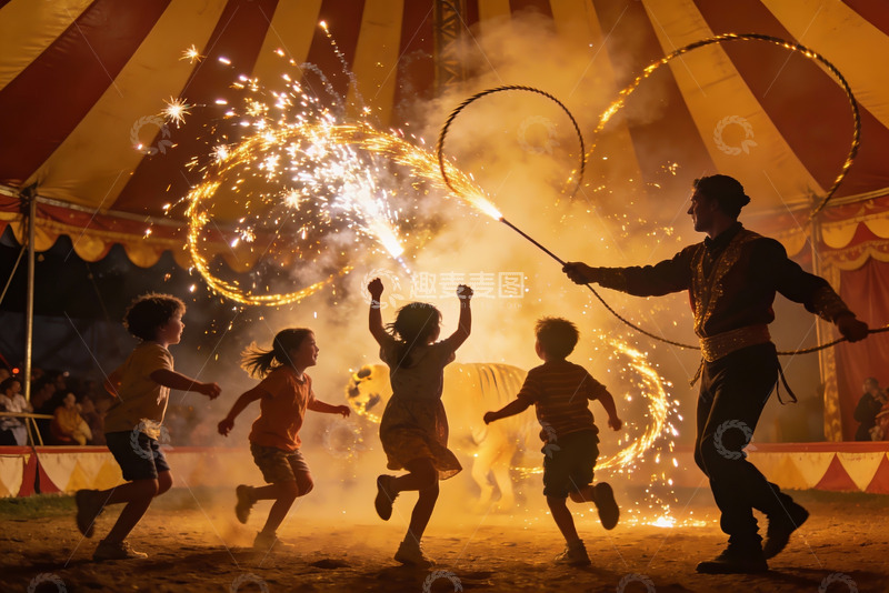 高清大图下载【趣麦麦图】烟花表演中儿童奔跑欢乐场景
