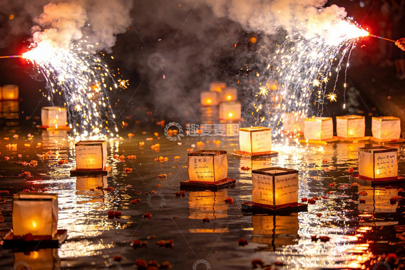 高清大图下载【趣麦麦图】夜放河灯烟花绽放