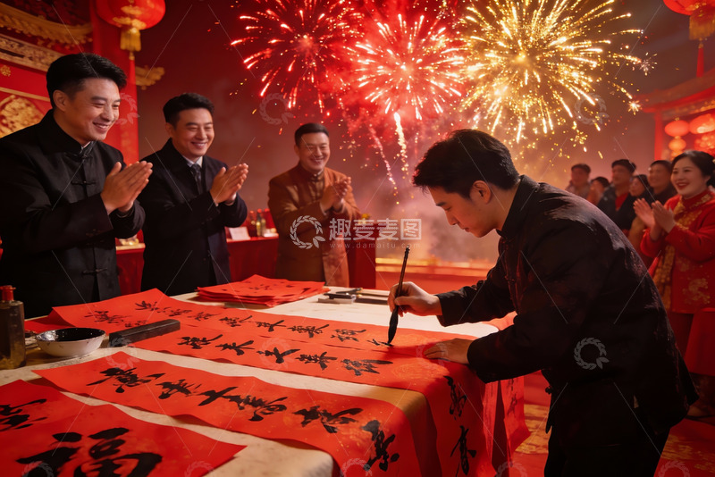 高清大图下载【趣麦麦图】春节庆典中书法创作与烟花绽放
