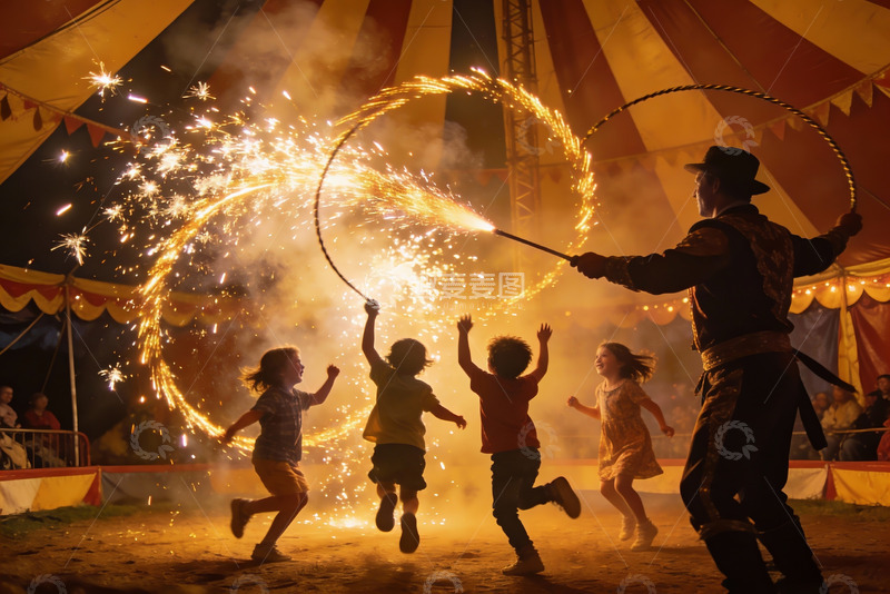 高清大图下载【趣麦麦图】烟花表演中孩子们的欢乐瞬间