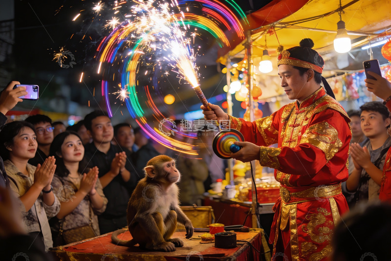高清大图下载【趣麦麦图】夜市表演手持烟花猴受瞩目