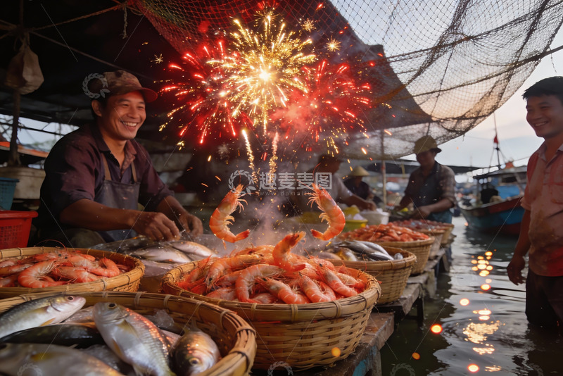 高清大图下载【趣麦麦图】海鲜市场烟花绽放热闹非凡