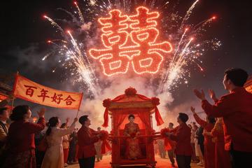 烟花映衬下的中式婚礼庆典