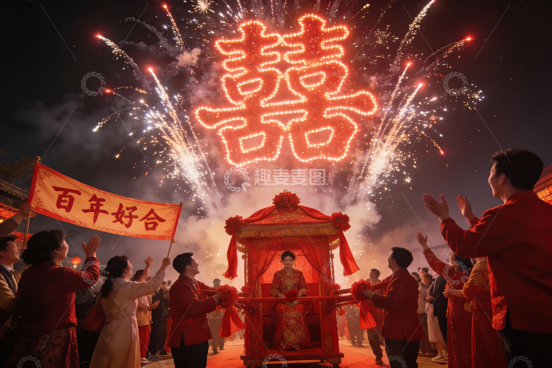 高清大图下载【趣麦麦图】烟花映衬下的中式婚礼庆典