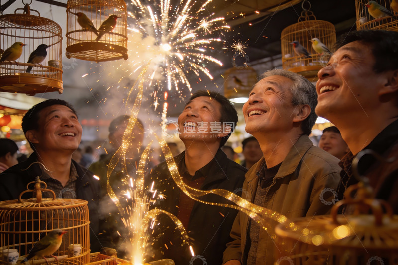高清大图下载【趣麦麦图】男子观赏烟花与笼中鸟