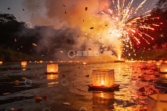 夜放河灯烟花绽放