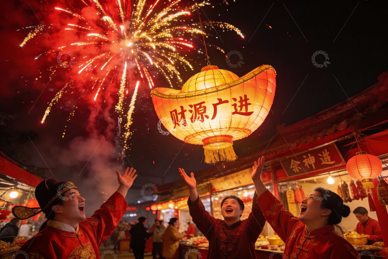 高清大图下载【趣麦麦图】烟花灯笼映夜空三人欢庆