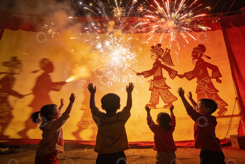 高清大图下载【趣麦麦图】烟花映衬皮影戏儿童欢庆夜