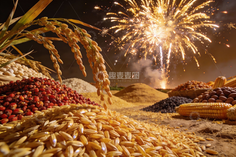 高清大图下载【趣麦麦图】烟花下的丰收谷物盛宴