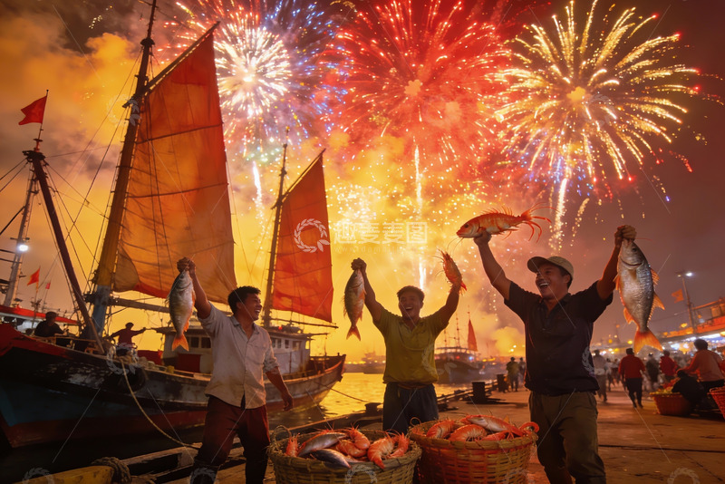 高清大图下载【趣麦麦图】渔港夜景烟花庆典